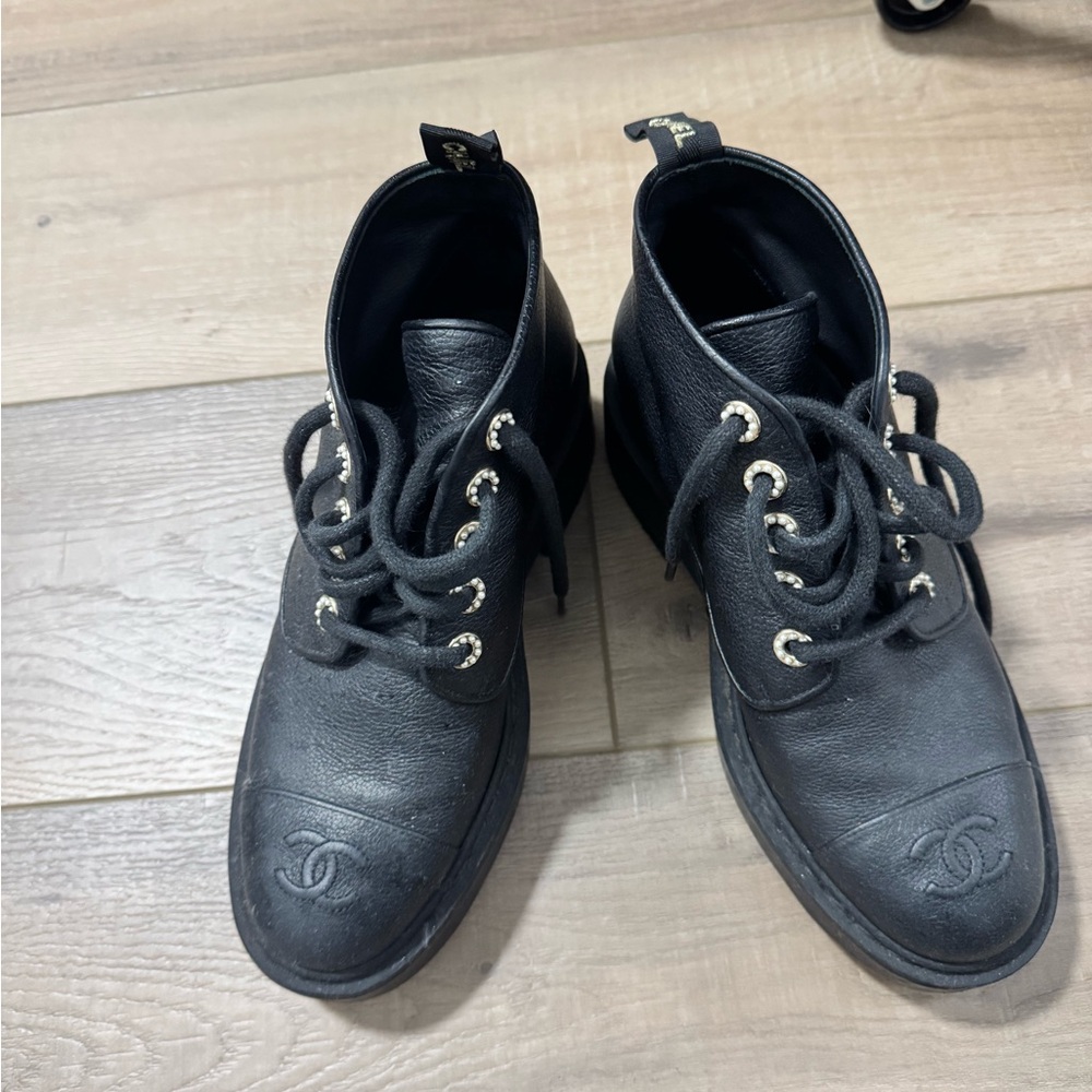 CHANEL Black Leather Ankle Boots